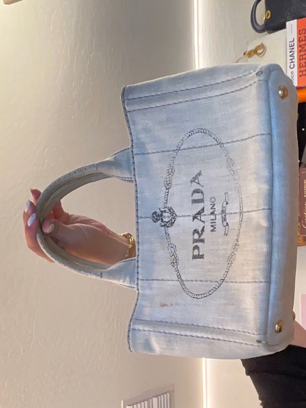 Prada light denim canapa tote